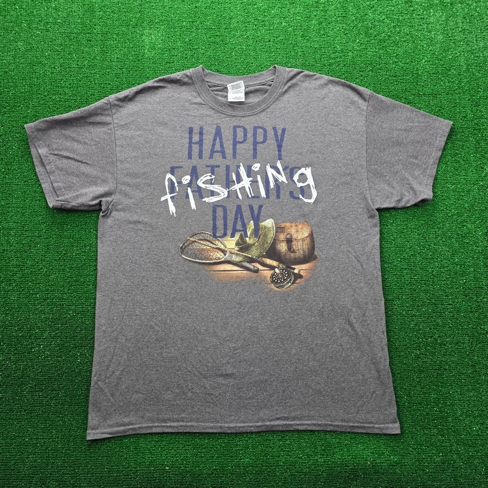 Happy Fishing‎ Fathers Day Graphic Tshirt Mens Large Gray Short Sleeve Outdoors